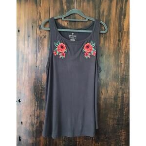 American Eagle Soft & Sexy Embroidered Roses Tank Top Charcoal Gray Women's Lg